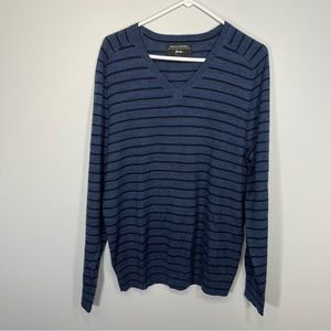 Banana Republic Sweater Mens Large Blue Stripe VNeck Italian Merino Yarn Baruffa